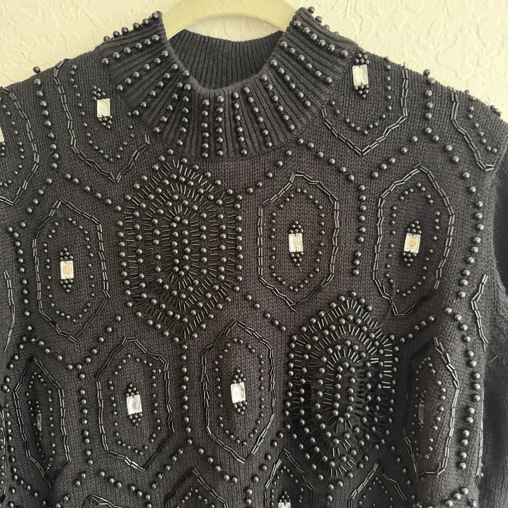 Vtg Womens Sweater XL Black Beaded Rhinestone Mock Neck Cotton Ramie Party 80s